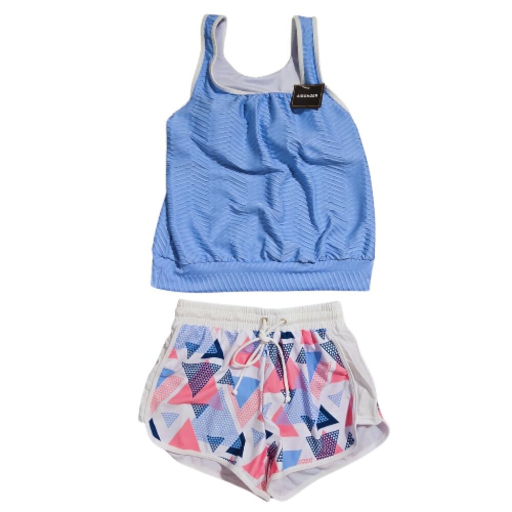 NWT | Aidonger Blue Textured Tankini Set | Geometric Print Shorts | Size Small